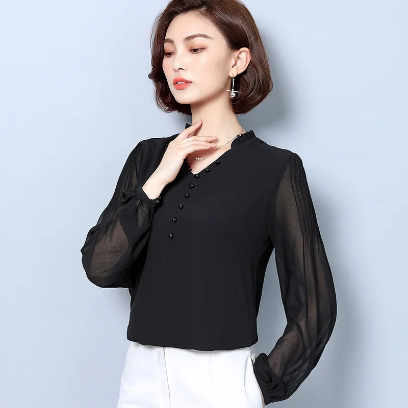 

Anqi Pull Chiffon Blouse 2019 Autumn Clothing New Style Slim Fit Shirt Tops V-neck Shirt Black Long Sleeves