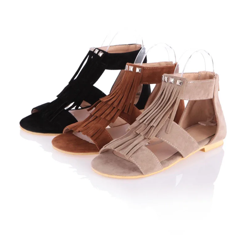 

Ladies Sandals Zip Roman Shoes Fringe Flat Women's Shoes