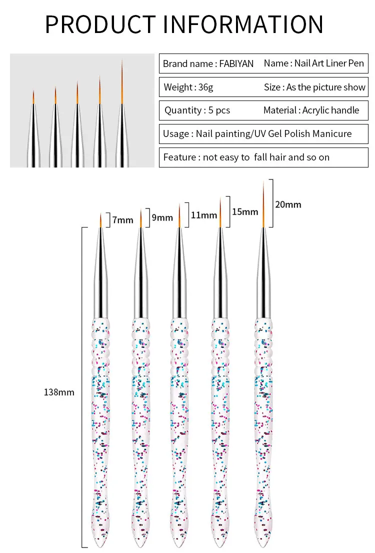 5Pcs/Set Nail Art Liner Lines Fin Brush Painting Drawing Pen Acrylic Handle UV Gel DIY Design 7/9/11/15/20mm Manicure Tools