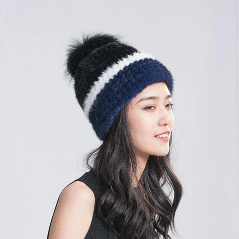 Women's Knitted Mink Hat New Fashion Raccoon Fur Ball Women Winter Headgear Cap Ski cap