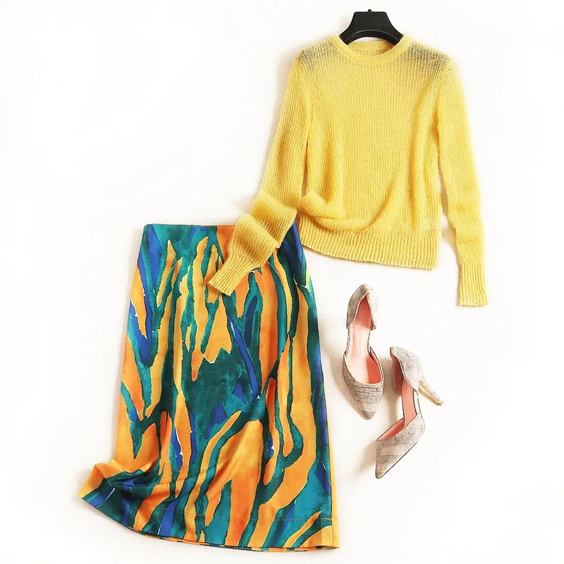 Women winter sweater mohair knitted pullovers+ goemtric print penscil skirt suit office elegant two piece set yellow