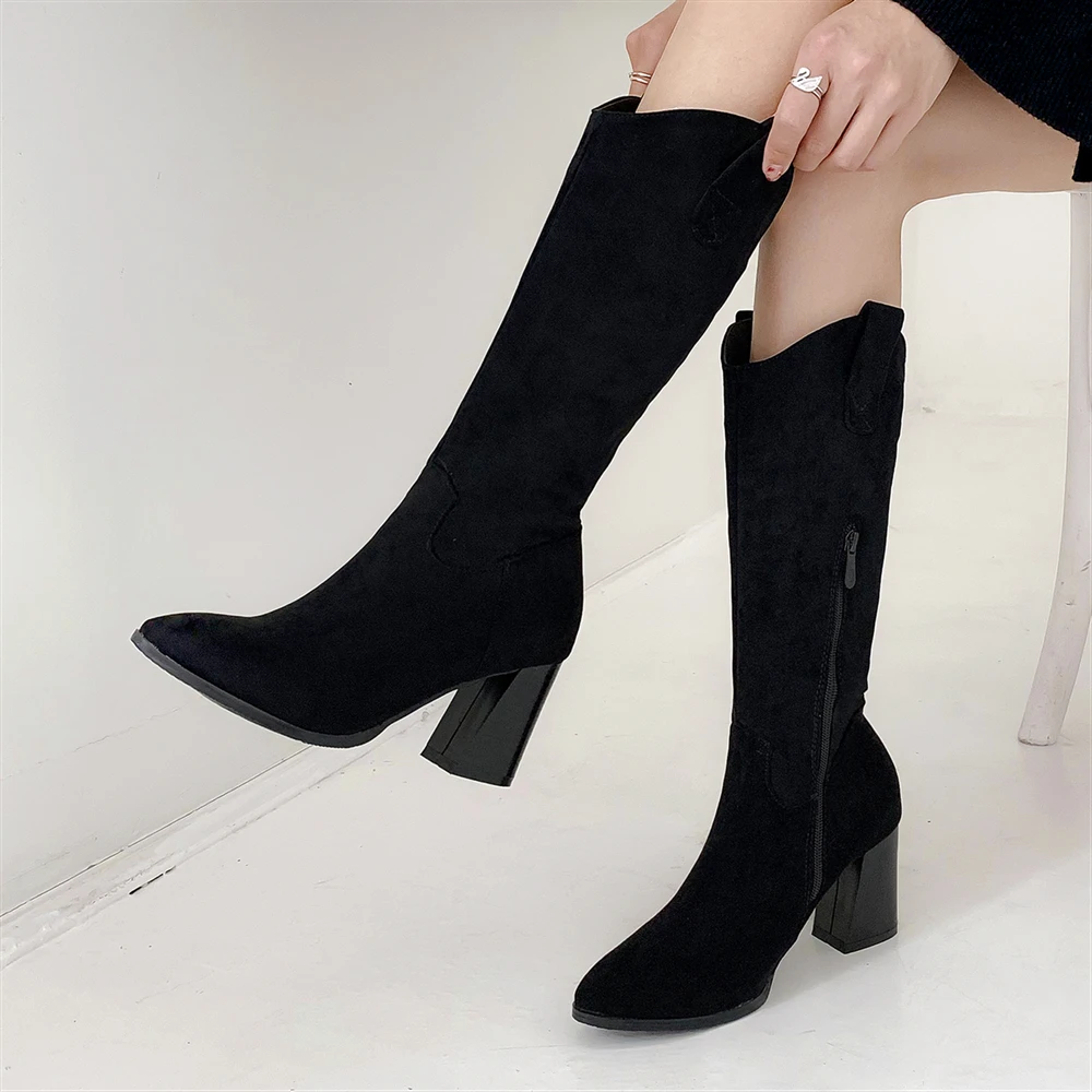

Plus Size 34-48 Fashion Autumn Winter Mid-calf Women Boots High Heels Warm Plush Flock Leather Boots High Quality Knee High Boot
