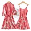 Sexy Nightwear Gown Set Women 2PC Pyjama V-Neck Pajamas Silky Sleepwear Spring Lady Sleep Suit Robe Wear Home Negligee Homewear ► Photo 2/6