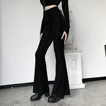 Gothic Retro Black Flared Pants Suede High Waist Harajuku Streetwear Women Trousers Y2k Emo Dark Aesthetic Punk Hipster Pants