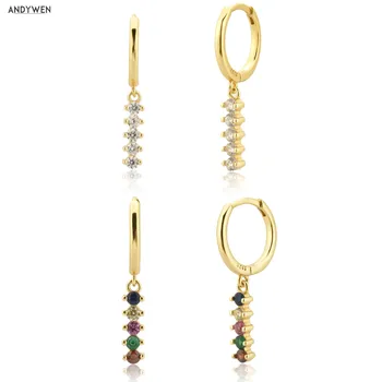 

ANDYWEN 925 Sterling Silver Gold 4 Zircon line Drop Earring Clear Rainbow Piercing Luxury Crystal Pendiente Jewelry For Women