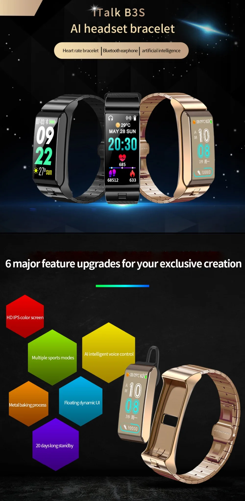 Умный Браслет, ips экран, пульсометр, кровяное давление, фитнес-браслет, B3s, Bluetooth, наушники, гарнитура для Android, IOS, часы, ремешок