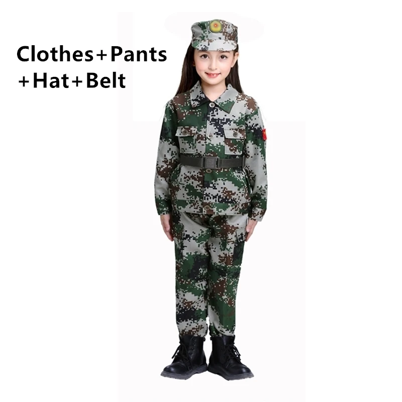 Детская военная форма, одежда для скаутинга в армейском стиле, камуфляжная детская одежда для костюмированной вечеринки+ штаны+ шляпа+ пояс, комплект для мальчиков и девочек, праздничные костюмы - Цвет: Color1 set