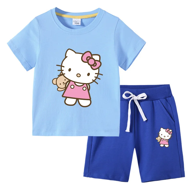 thumbnail image 1 of Camiseta con estampado de dibujos animados de verano de Hello Kitty + Pantalones casuales traje de dos piezas de manga corta de algodón para niños y niñas pueden usar, 1 of 5