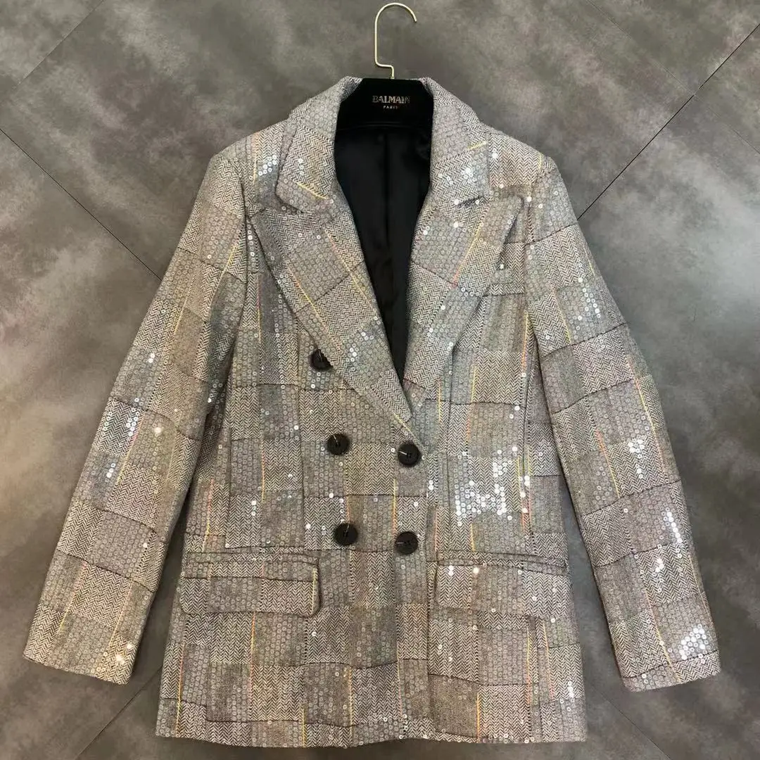 

2019 early autumn new lapel long-sleeved plaid heavy work sequins suit jacket