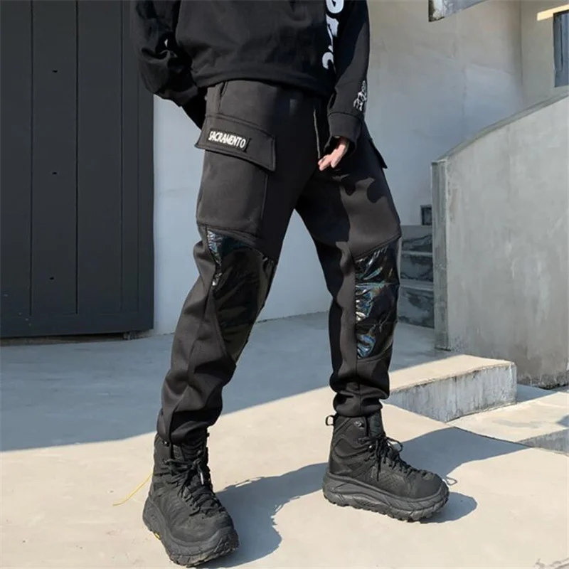 Pantalones de chándal de estilo Hip Hop para hombre, ropa de calle Punk Harajuku, con bordado de tela de cuero, para Otoño e Invierno