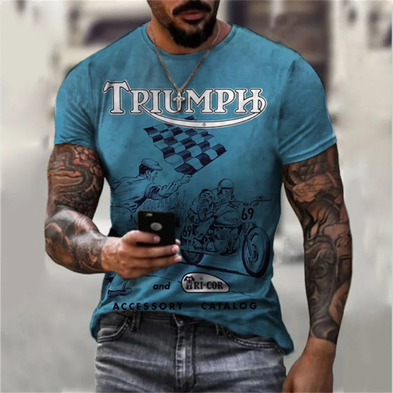 3D Triumph Motorcycle Print T-shirt Oversize Tshirt Unisex Round Neck Summer Men's Clothing Short Sleeves Cool Male Tops Tees