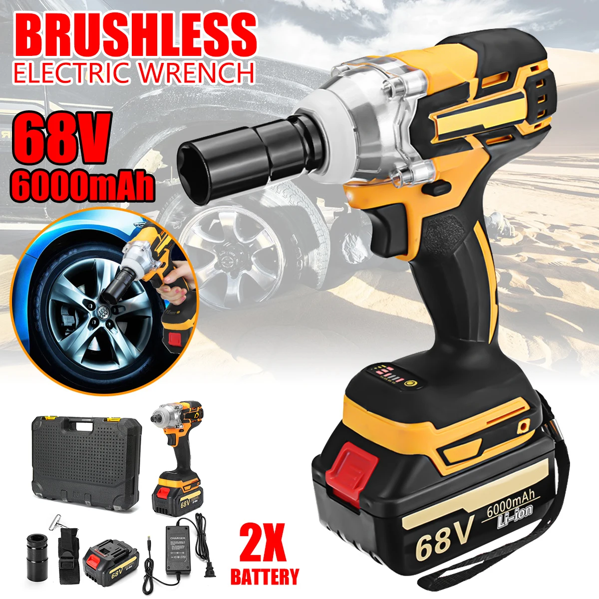 

68V/88v 6000/15000mAh Impact Brushless Cordless Electric Wrench 2 Rechargeable Extra Battery 1 Charger Drive 380 N.M Power Tools