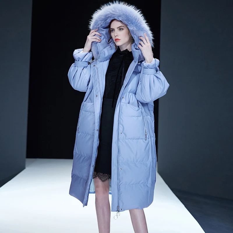 Модные зимние толстые теплые х-длинные пушистые 90% пуховые пальто женские Непродуваемые пуховики из натурального меха, верхняя одежда F223