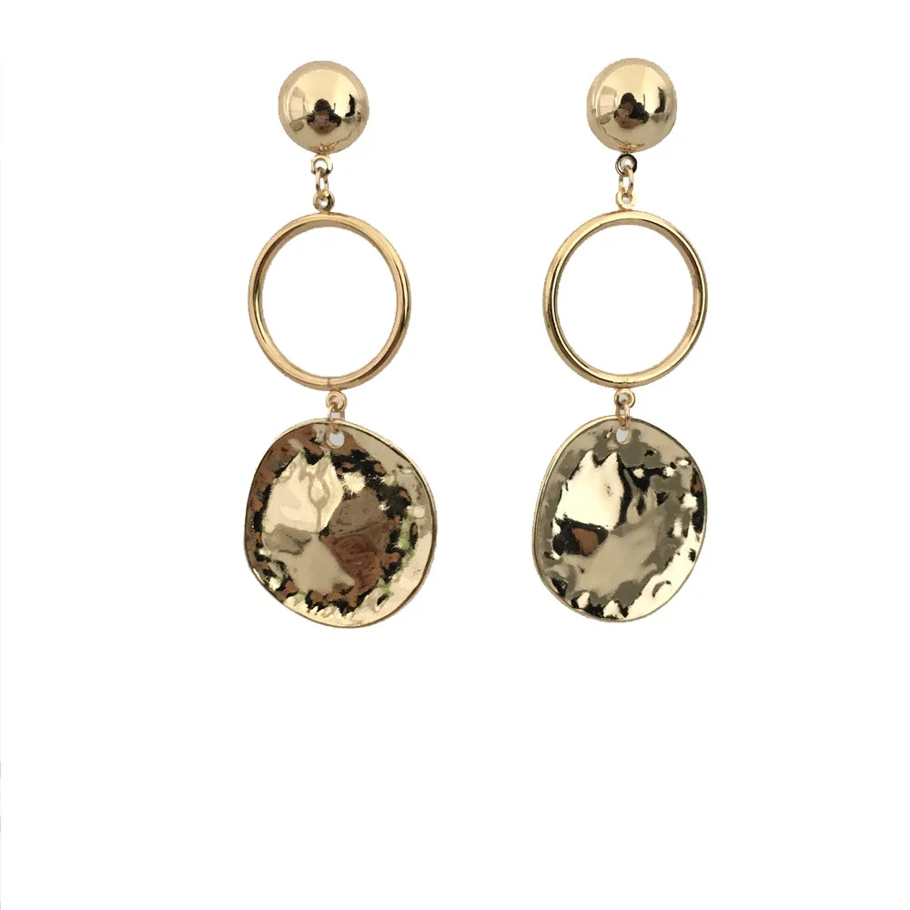 

TRENDY GOLD COLOR ROUND HALF BALL CIRCLE HAMMERED DISC SCULPTURE DANGLE EARRING