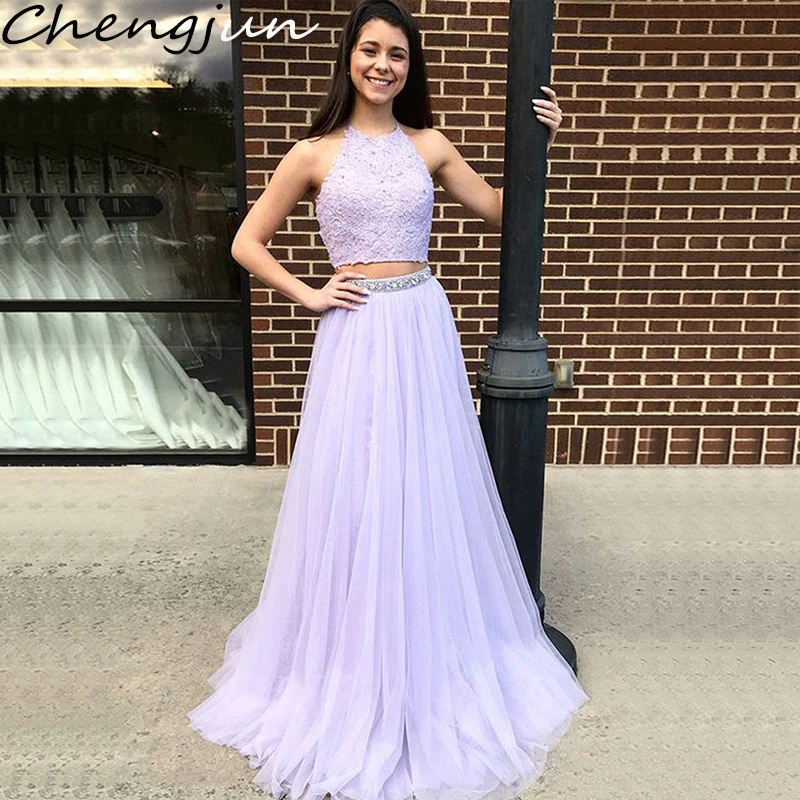 Chengjun Lavender lace top Tulle Bottom Halter A-Line Вечерние платья из двух частей