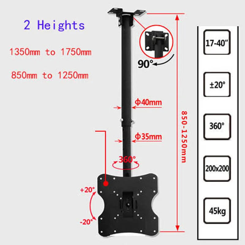 DLC-201A сталь 200X200 3" 37" регулируемая высота 125 см 15 наклон вверх вниз ТВ настенное крепление ЖК потолочный кронштейн led подставка плазменный держатель