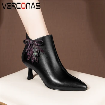 

VERCONAS Woman Ankle Boots New Rhinestone Butterfly-Knot Shoes Woman Autumn Elegant High Heels Zip Genuine Leather Basic Boots