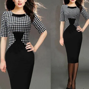 

Office Dress Half Sleeves Business Wear Work Dress Elegant Women Printed O-neck Ladies Dresses Pencil Slim Patchwork Black Dress