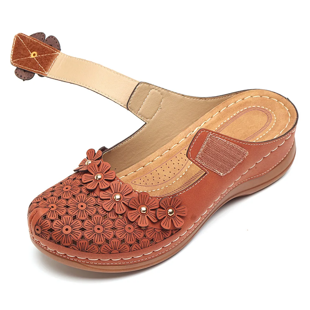 SHUJIN/женские босоножки; коллекция года; сезон лето; женская обувь ручной работы; кожаные сандалии с цветочным рисунком; женская обувь на плоской подошве в стиле ретро; женская обувь