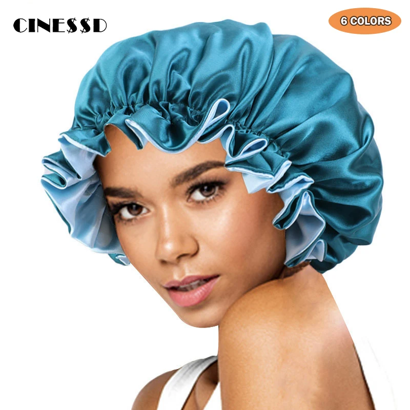 

New Women Satin Bonnet Big Size Satin Silk Bonnet Head Cover Lady Night Sleep Cap Hair Bonnet Hat Shower Caps Curly Springy Hair