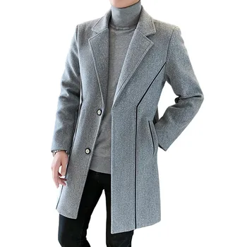 

Woolen coat long section winter men's thick blended coat fashion zipper design lapel Korean version of the slim thick wool coat