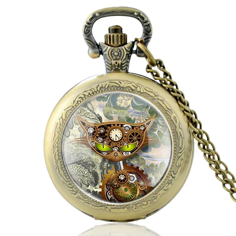 

High Quality Classic Bronze Punk cat Design Quartz Glass Dome Pocket Watch Men Women Vintage Necklace Pendants Jewelry Gifts