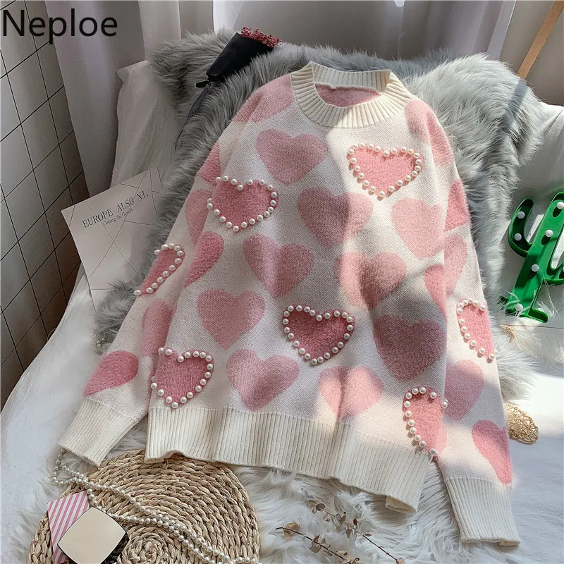 Neploe Heavy Work Love Beading Knitted Pull Femme Hiver Loose Crazy Style Autumn Winter Outwear Pullovers O Neck Bat Sueter | Женская