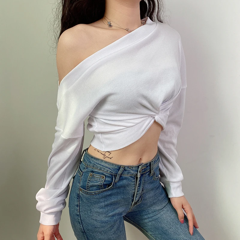 2020 Korea Hot Sale Pure White T-shirt Spring/Autumn Streetwear Knitted Tops for Women Tops for Women Full Sleeves