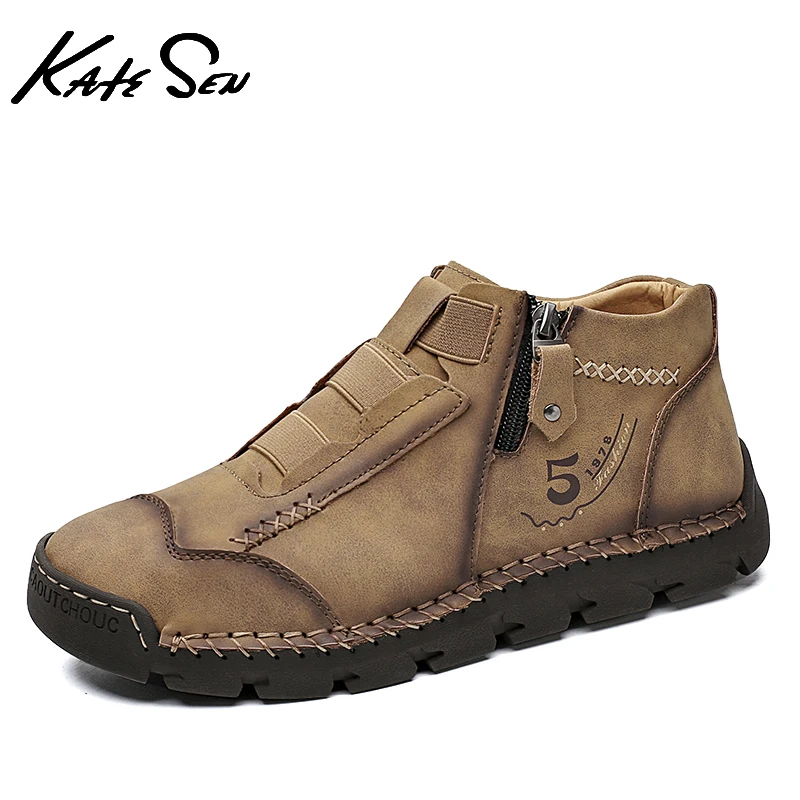 

KATESEN New winter men's handmade leather boots Fashion outdoor non-slip motorcycle boots Comfortable soft flat boots big size