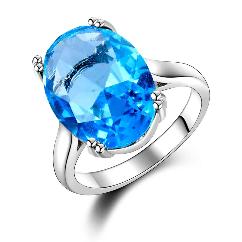 Sea Blue Bague Ringen, 6 цветов, овальное кольцо с камнями для женщин, классическое серебро 925, ювелирное изделие, рубиновый аметист, аквамарин, сапфир, топаз, циркон - Цвет камня: Sea Blue