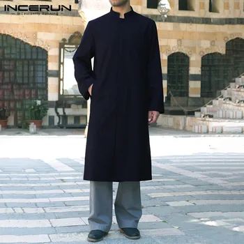 

INCERUN Islamic Jubba Thobe Men Solid Color Long Sleeve Fashion Casual Saudi Arabia Robes Middle East Abaya Men Muslim Kaftan