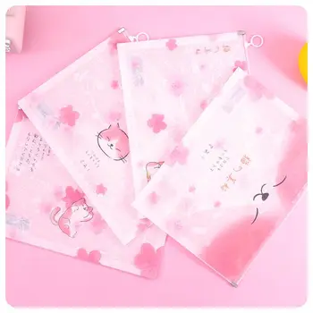 

MINKYS 4pcs/lot Kawaii Sakura Cat Zipper A4 File Folder Bag Document Paper Organizer Storage Bag School Office Stationery