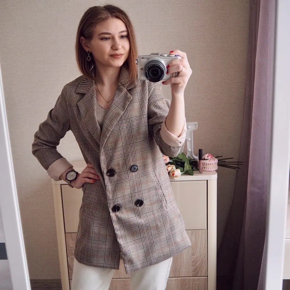

2020 Spring&all Office Ladies Notched Collar Plaid Women Blazer Double Breasted Autumn Jacket Casual Pockets Female Suits Coat