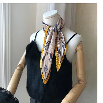 

Silk Feeling Elegant Lady Scarf Women Pleated Scarves Headwear Hair Band Neck Scarfs Small Female Wrist Wraps Handkerchief 70*70