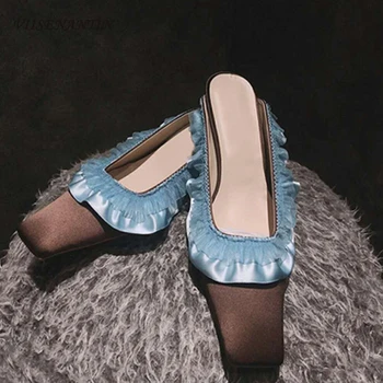 

New Fashion Summer Korean Version of Pleated Ruffles Mulles Women Shoes All-match Shallow Square Toe Pumps Women Mujer Bombas