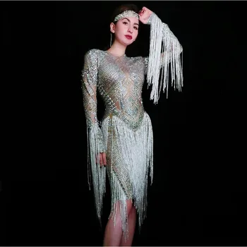 

Sparkly Silver Stones White Tassel Strech Dress Women's Birthday Prom Celebrate Outfit Bar Evening Women Dancer Fringes Dress