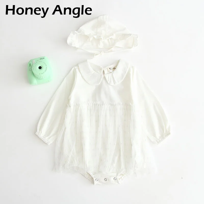 Honey Angle Модный корейский стиль детские комбинезоны сплошной цвет хлопок ползание младенца одежда с шляпой длинный рукав кружева боди