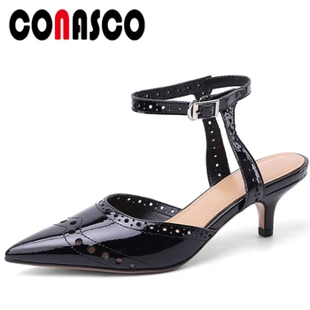 

CONASCO New Women Sandals Sexy Fashion Fretwork Genuine Leather Pumps Summer High Heels Wedding Casual Ankle Strap Shoes Woman