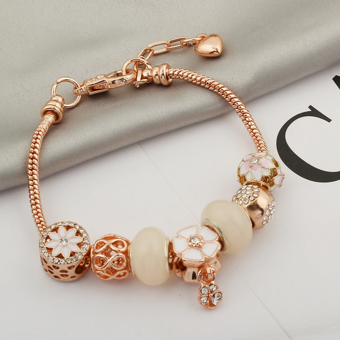 

Rose Bracelet For Women Pink Bead Bracelet Armband Brass European Pandoras Bracelets Rose Gold Pulseras Mujer 7.29inch Love Gift
