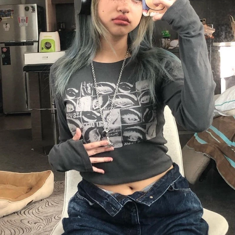

Y2k Aesthetic Gothic Grunge Crop Top Women Vintage Graphic Print T-shirt Korean Harajuku Long Sleeve Pullovers Tees Streetwear