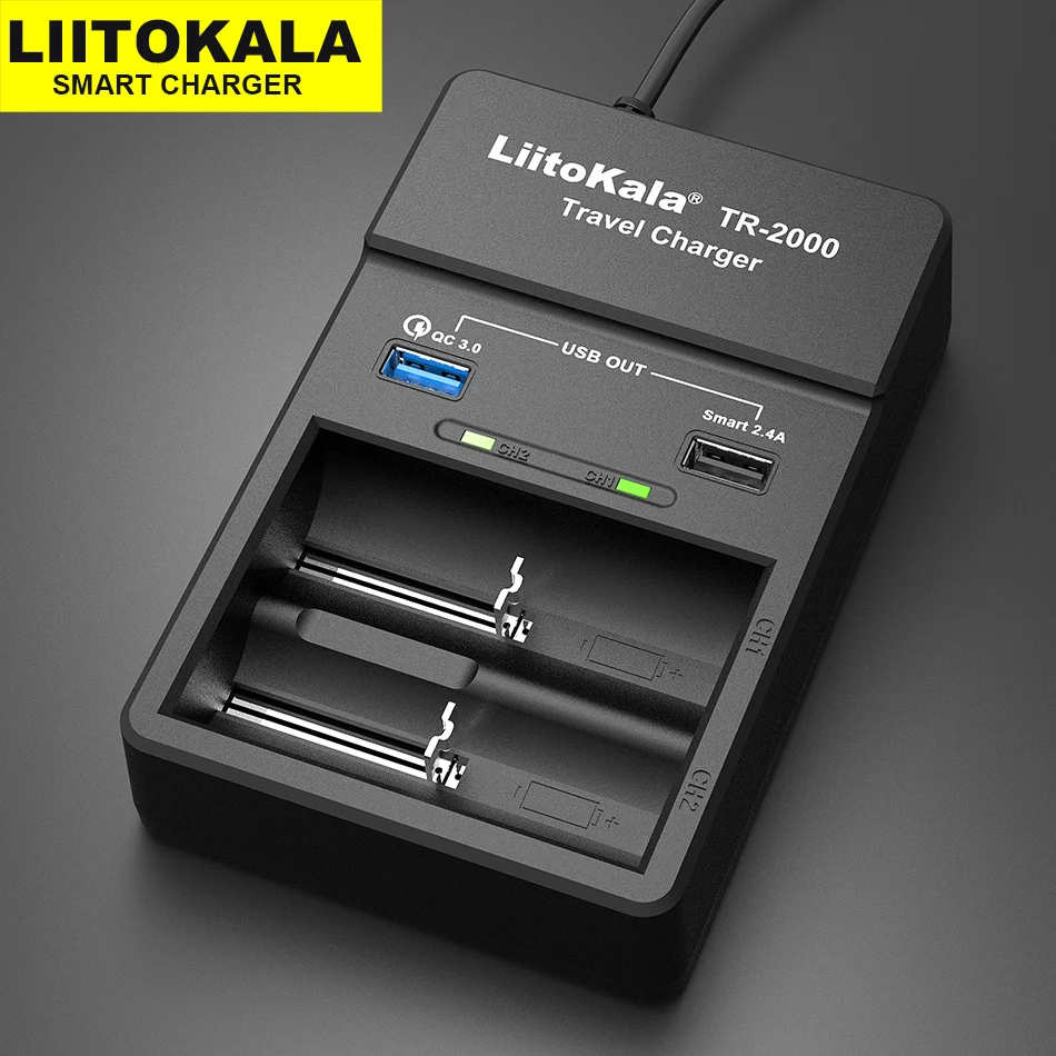 

LiitoKala TR-2000 18650 Battery Charger USB QC3.0 output Travel charger For 18650 26650 21700 18500