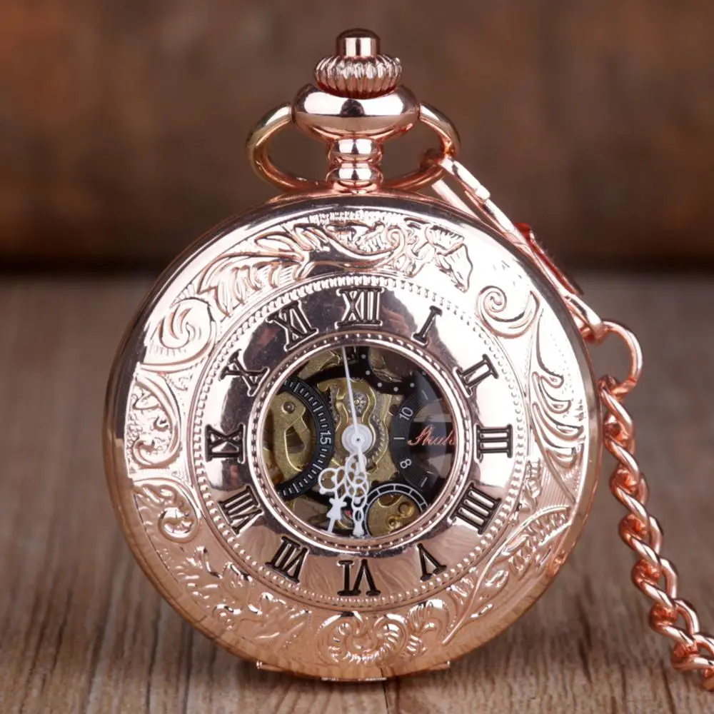 

New Skeleton Steampunk Rose Gold Pocket Watches Retro Necklace Chain Mechanical Pocket Watches Fashion Antique Watches