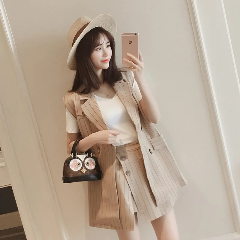 

2019 New Style Korean-style Striped Suit Waistcoat Women's Short Coat-Style Set High Waist Skirt Two-Piece Set Summer