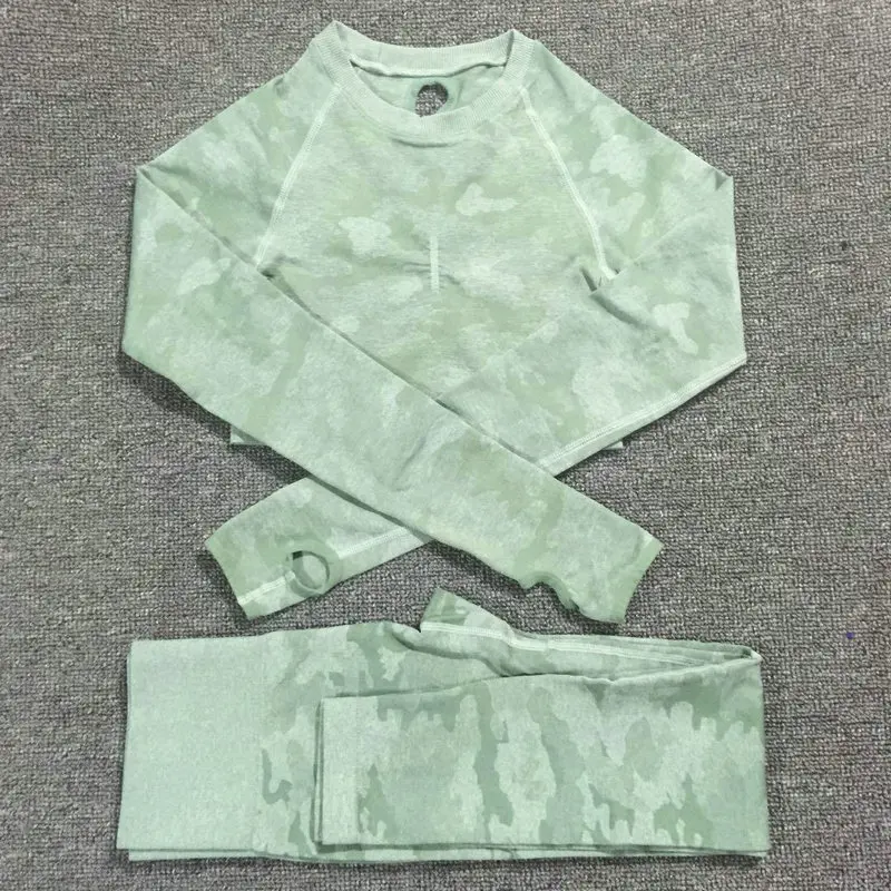 green Set Комплект из 2 предметов, камуфляжный, камуфляжный, для йоги, спортивная одежда для женщин, для спортзала, фитнеса, одежда для занятий йогой, леггинсы+ спортивный бюстгальтер, спортивный костюм для спортзала, Femme - Цвет: green Set