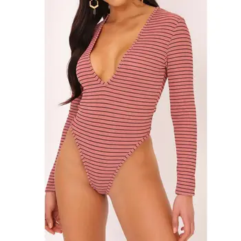 

Women Sexy Long Sleeve Bodysuit V Neck Striped Tops Leotard Jumpsuit Bodycon Romper White Red Women Bodysuit