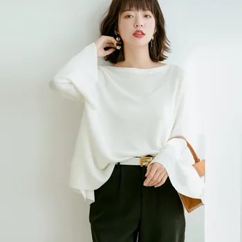 

2020 French Lazy style long sleeve sweater women's thin loose ice silk slash neck pullover bottoming sweater women F9281