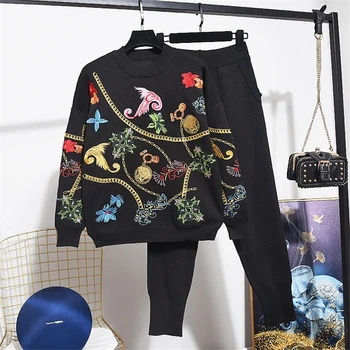 

2020 Autumn Winter Women Set Fashion New Embroidery Flowers Long Sleeve knitted Tracksuit Casual Harem Pants Two Piece Set Tide