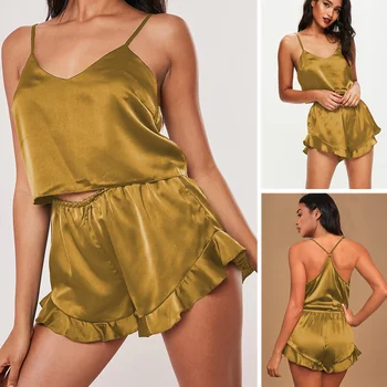 

Women's Summer Solid Satin Strap Pajamas Set Sexy V Neck Sleepwear Crop Top Camis And Ruffles Shorts Pajama Suit Mujer Nightwear