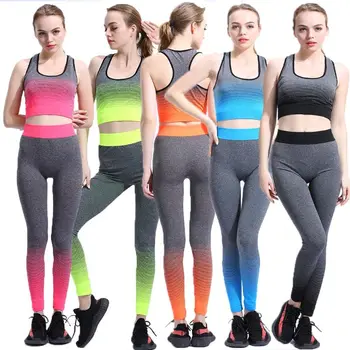 

Women 2 pieces Workout Yoga Sets Sportswear Sleeveless Ombre Stripes Crop Top Padded Gym Push Up Leggings Sports Suits W