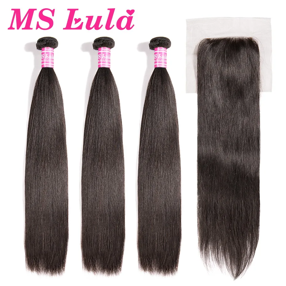 

MS Lula Brazilian Straight 3 Bundles With Lace Closure 4x4 Human Hair Bundles Swiss Lace Bundles With Closure Non-Remy Hair